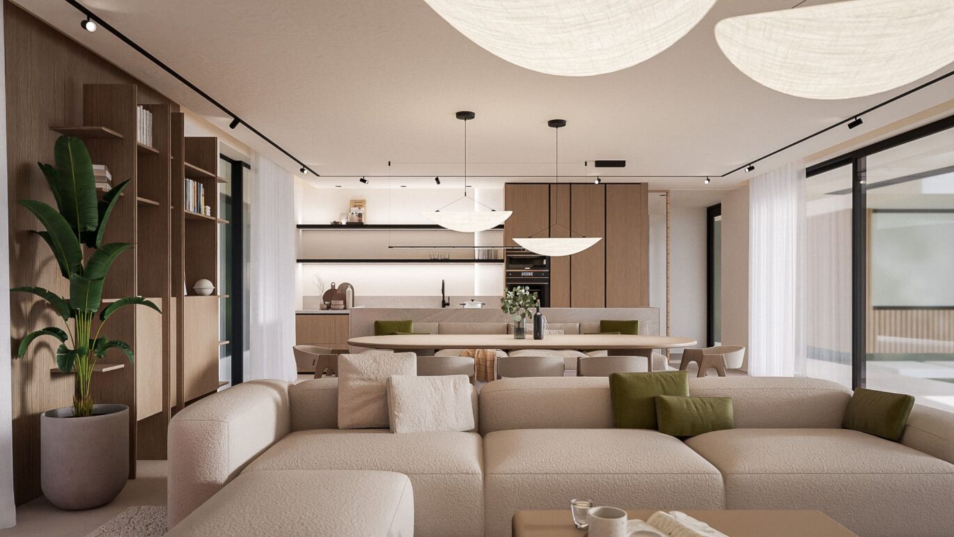 Obývací pokoj rodinného domu Twist House ve Zdibech s jídelnou a kuchyní, návrh od architektů z MA Studia
