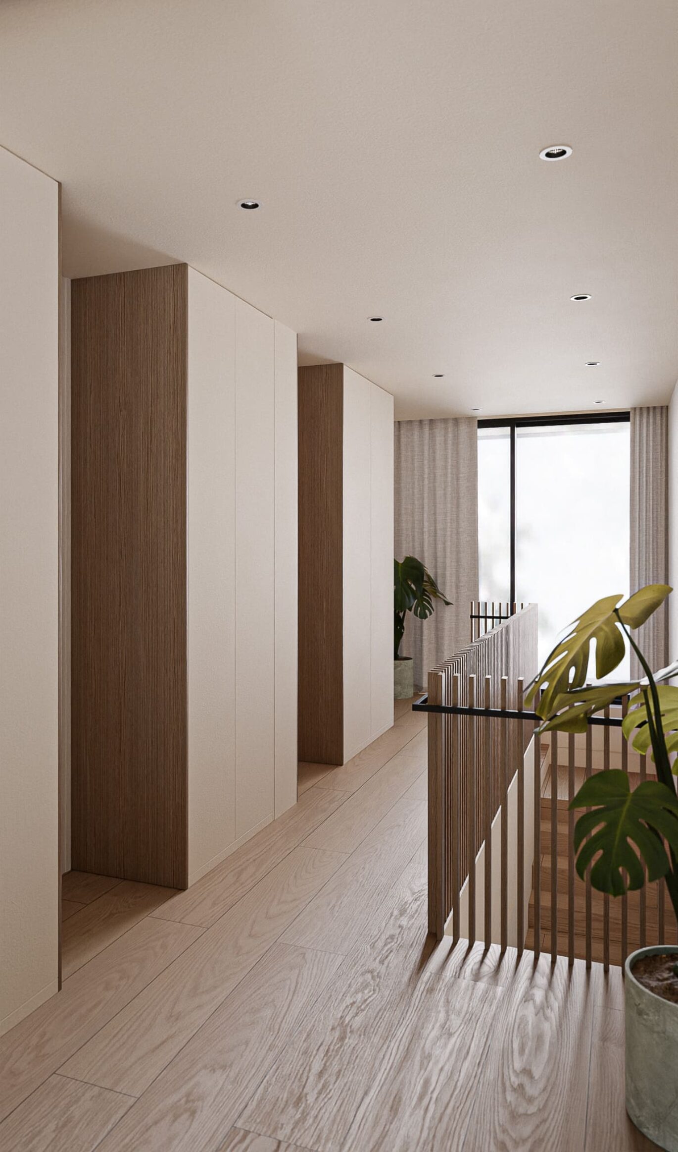 Hala v patře rodinného domu Twist House ve Zdibech s úložnými prostory, návrh od architektů z MA Studia
