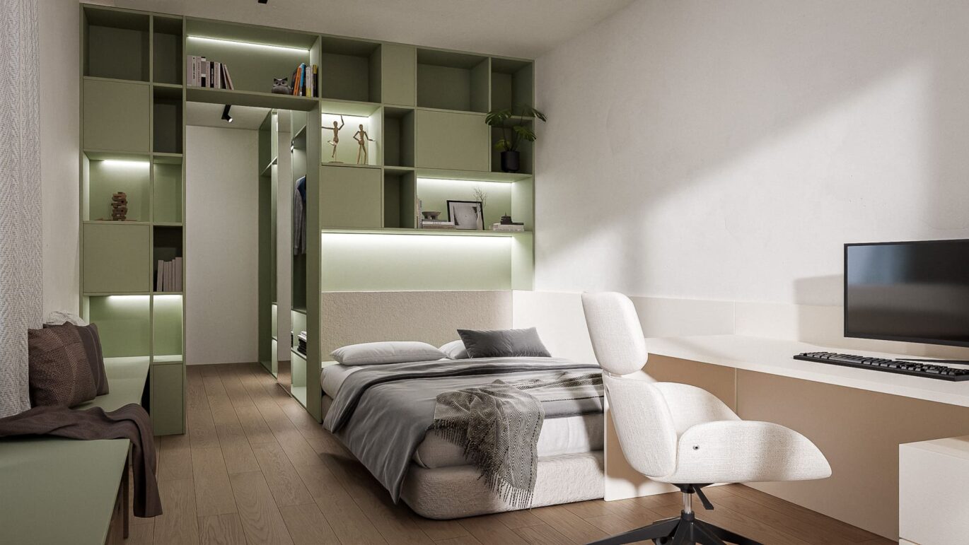 Dětský pokoj rodinného domu Twist House ve Zdibech se zelenou vestavěnou knihovnou a pracovním koutem, návrh od architektů z MA Studia