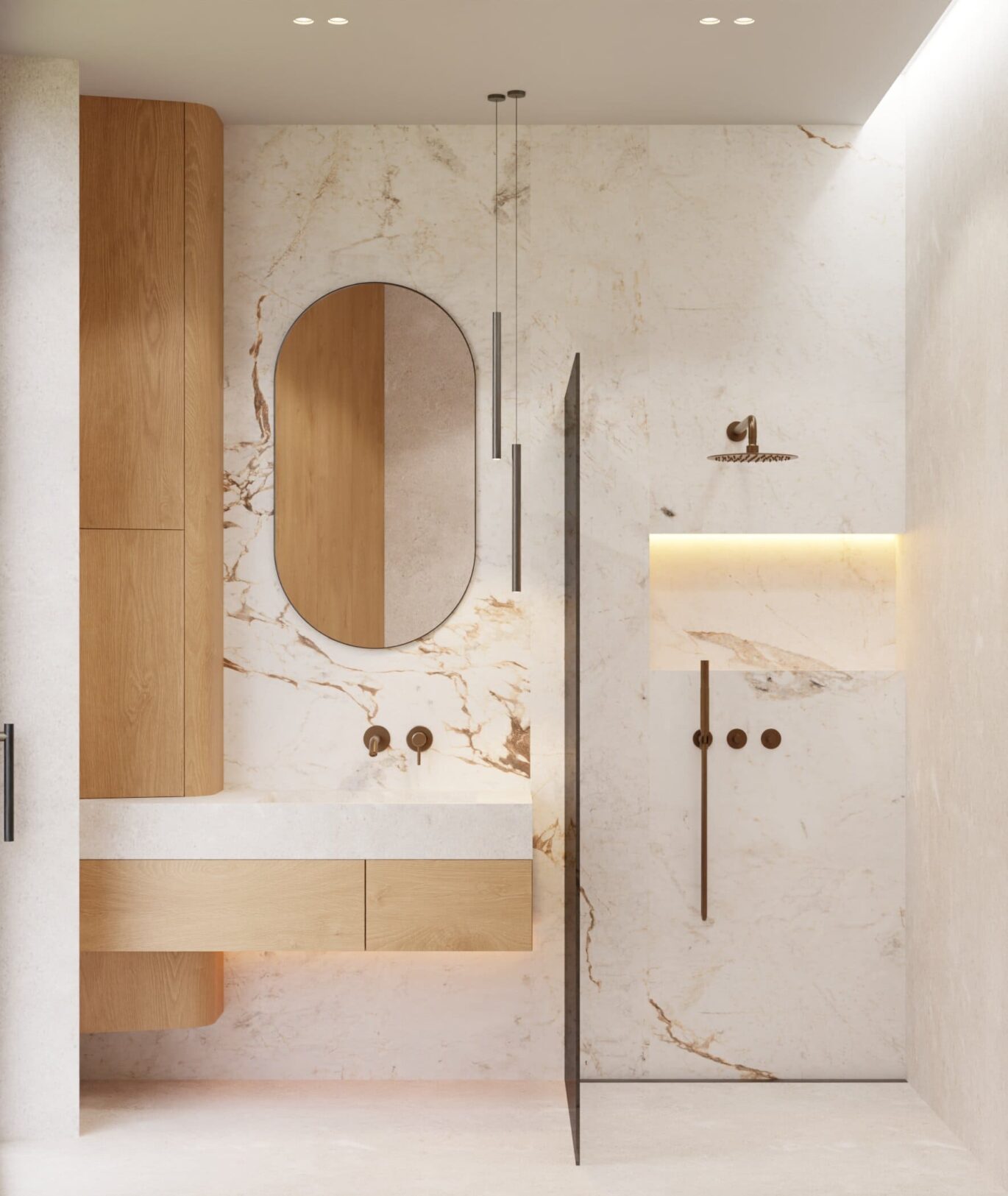 Koupelna Vily Nad Vinicí v Modřanech se zlatavým mramorem, oválným zrcadlem a walk-in sprchou, návrh od architektů z MA Studia