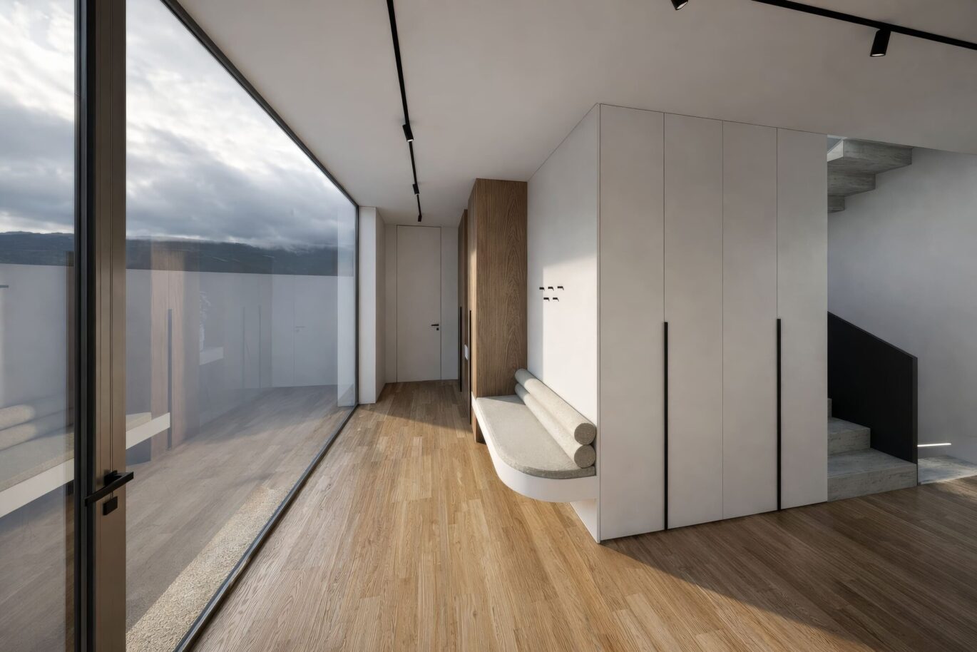 Chodba Vily Nad Vinicí v Modřanech s pásovým prosklením, vestavěnou lavicí, návrh od architektů z MA Studia