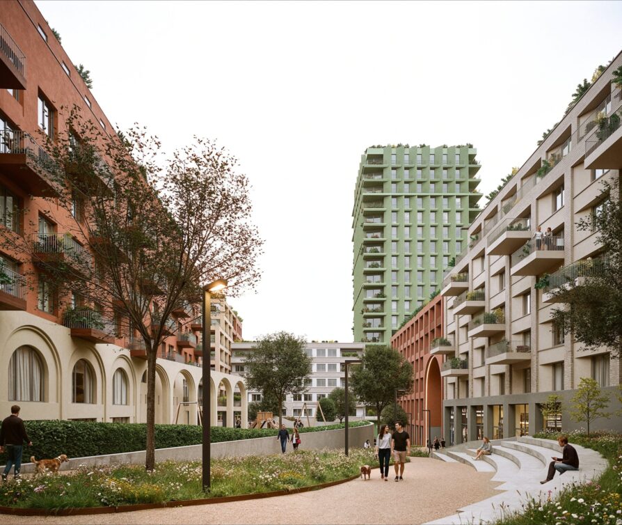 Nárožní budova bloku Nové Dvory v terakotových tónech s věží v pozadí, návrh od architektů z MA Studia