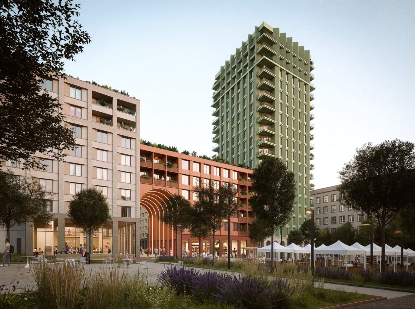 Vizualizace městského bloku Nové Dvory, náměstí s podloubím a zelenou věží, návrh od architektů z MA Studia