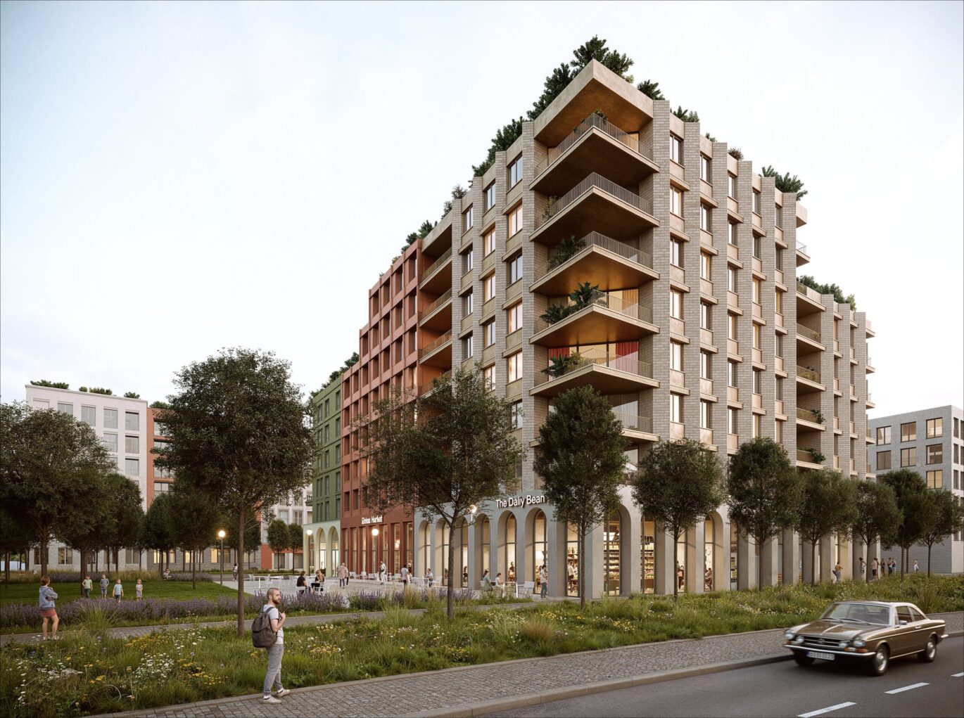 Nárožní dům bloku Nové Dvory se stupňovitými terasami a zelení, návrh od architektů z MA Studia