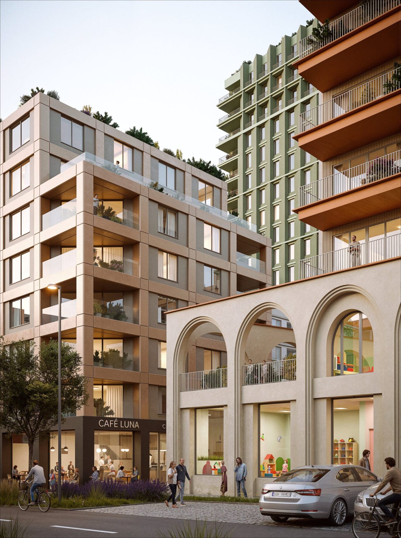 Vnitroblok Nové Dvory se zelenými balkony, zelení a podloubím v parteru, návrh od architektů z MA Studia