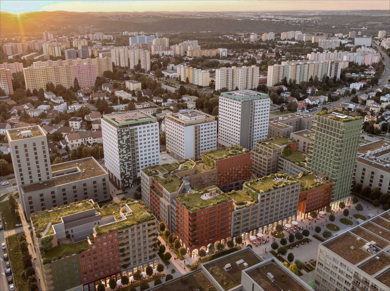 Letecký pohled na městský blok Nové Dvory se zelenými střechami a vnitrobloky, návrh od architektů z MA Studia
