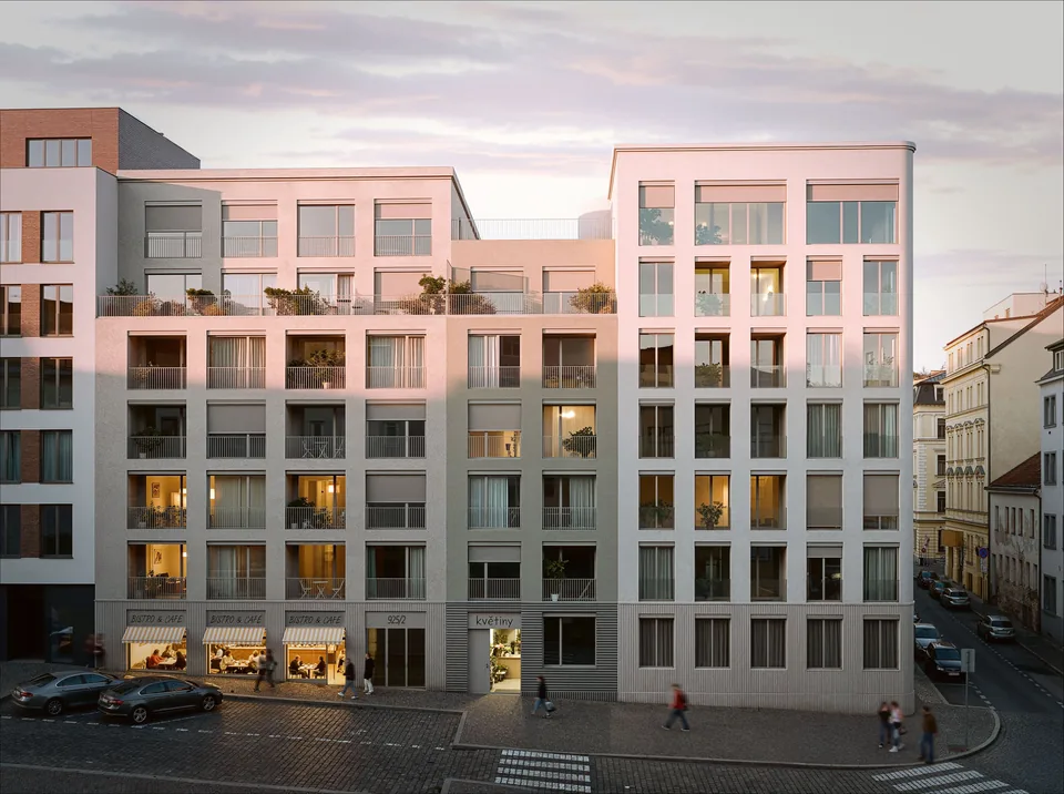 Uliční fasáda bytového domu Primátorská s aktivním parterem, bistrem a květinářstvím, návrh od architektů z MA Studia