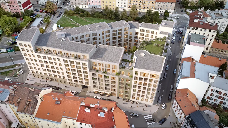 Dronový pohled na bytový dům Primátorská v kontextu Horní Libně, návrh od architektů z MA Studia