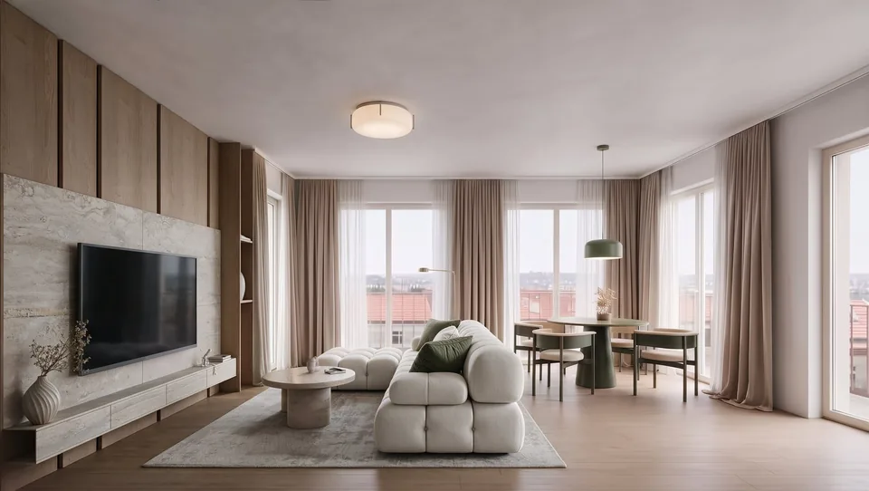 Obývací pokoj bytu v domě Primátorská s výhledem na město, návrh od architektů z MA Studia
