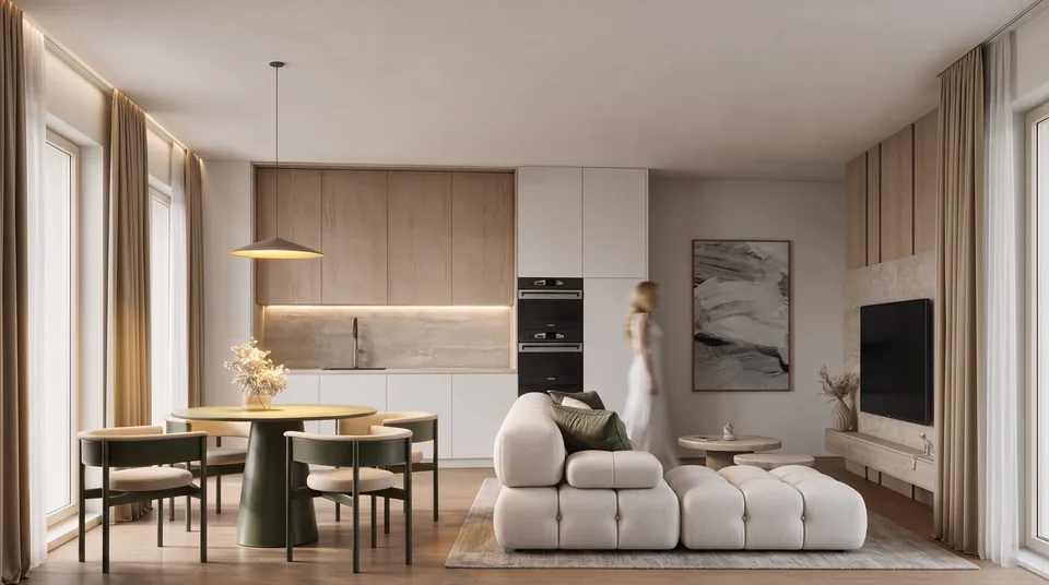 Obytný prostor s kuchyní v domě Primátorská, návrh od architektů z MA Studia