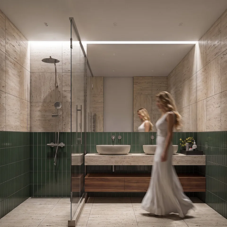 Koupelna bytu v domě Primátorská s walk-in sprchou, návrh od architektů z MA Studia